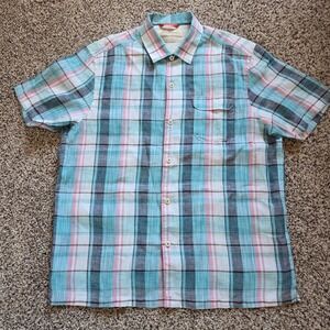 Tommy Bahama Island Modern Fit 100% Linen Blue Plaid Short Sleeve Shirt Mens L